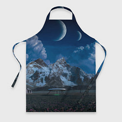 Фартук кулинарный Ночные горы в природе и небо с нло, цвет: 3D-принт