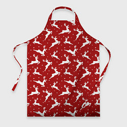 Фартук кулинарный Красный паттерн с новогодними оленями, цвет: 3D-принт