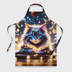 Фартук кулинарный Кот с гирляндой среди новогодних украшений, цвет: 3D-принт