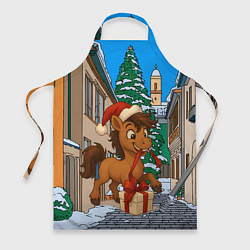 Фартук кулинарный Лошадка распаковывает новогодний подарок, цвет: 3D-принт