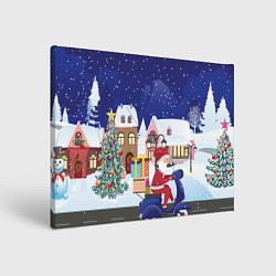 Холст прямоугольный Дед Мороз едет на скутере с подарками в Новогоднюю, цвет: 3D-принт