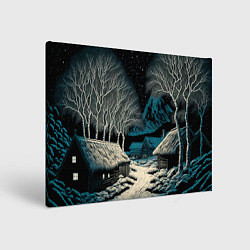 Картина прямоугольная Деревня зимой в полнолуние