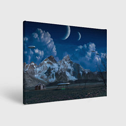 Холст прямоугольный Ночные горы в природе и небо с нло, цвет: 3D-принт