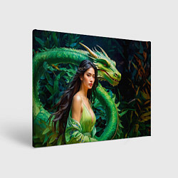 Холст прямоугольный Нейросеть - девушка с зелёным драконом, цвет: 3D-принт