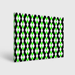 Холст прямоугольный Зелёные и белые ромбы на чёрном фоне, цвет: 3D-принт