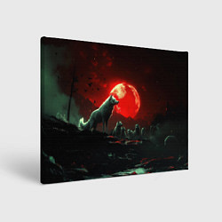 Холст прямоугольный Белый волк на фоне красной луны, цвет: 3D-принт