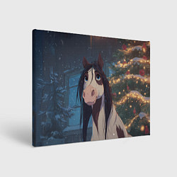 Холст прямоугольный Белая пятнистая новогодняя лошадка, цвет: 3D-принт