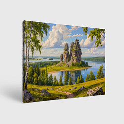 Картина прямоугольная Скалы у озера: песнь лета