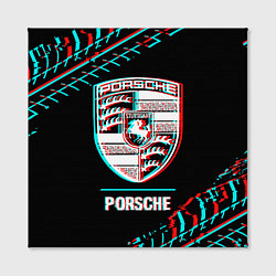 Холст квадратный Значок Porsche в стиле Glitch на темном фоне, цвет: 3D-принт — фото 2