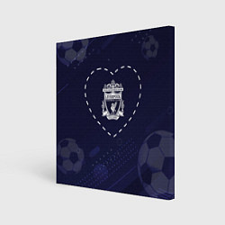 Холст квадратный Лого Liverpool в сердечке на фоне мячей, цвет: 3D-принт