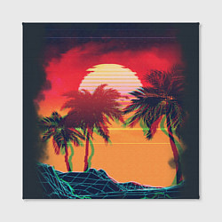 Холст квадратный Пальмы и пляж на закате с помехами VHS ретро дизай, цвет: 3D-принт — фото 2