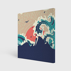 Холст квадратный Большая океанская волна и силуэт пустынного остров, цвет: 3D-принт