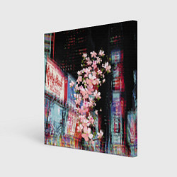 Холст квадратный Ветка сакуры на фоне ночного Токио - glitch, цвет: 3D-принт