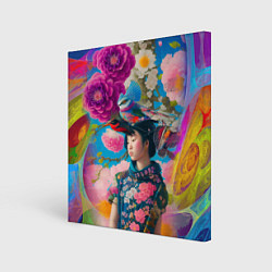 Холст квадратный Девочка с птицами среди цветов - мскусство, цвет: 3D-принт