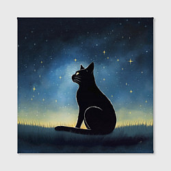 Холст квадратный Черный кот и звезды - акварель, цвет: 3D-принт — фото 2