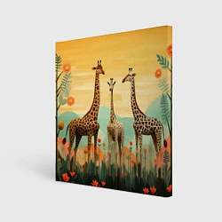 Холст квадратный Три жирафа в стиле фолк-арт, цвет: 3D-принт