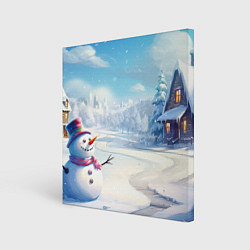 Холст квадратный Новогодний пейзаж снеговик, цвет: 3D-принт