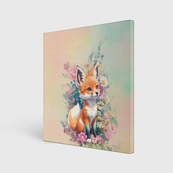 Холст квадратный Милый лисёнок в цветах, цвет: 3D-принт
