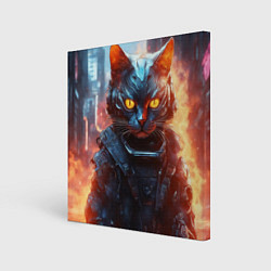 Холст квадратный Пламенный кот в стиле киберпанк, цвет: 3D-принт
