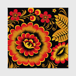 Холст квадратный Хохломская роспись красно-жёлтые цветы на чёрном ф, цвет: 3D-принт — фото 2