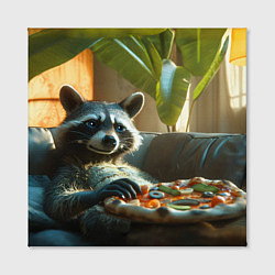 Холст квадратный Енот ест пиццу на диване, цвет: 3D-принт — фото 2