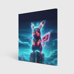 Холст квадратный Пикадзила на крыше небоскрёба - неоновое свечение:, цвет: 3D-принт