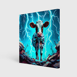 Холст квадратный Корова в разрядах молнии, цвет: 3D-принт