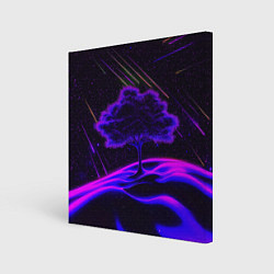 Холст квадратный Дерево и звездопад неоновый космос, цвет: 3D-принт