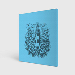 Холст квадратный Маяк с розами и кораблем, цвет: 3D-принт