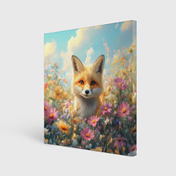 Холст квадратный Лиса в цветочном поле, цвет: 3D-принт
