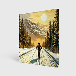 Холст квадратный Лыжник бежевый закат, цвет: 3D-принт