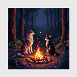 Холст квадратный Пёс и кот возле костра - пиксель арт, цвет: 3D-принт — фото 2