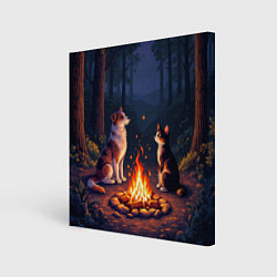 Картина квадратная Пёс и кот возле костра - пиксель арт