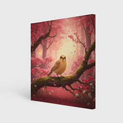 Картина квадратная Желтая птица в розовом цветущем лесу