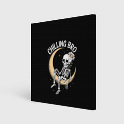 Холст квадратный Скелет с ромашкой сидит на полумесяце, цвет: 3D-принт