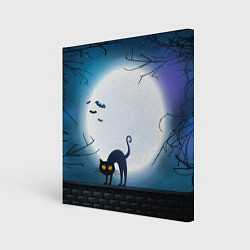 Холст квадратный Полнолуние и черный кот - жуткий Хэллоуин, цвет: 3D-принт
