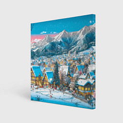 Холст квадратный Новогодняя деревушка в горах, цвет: 3D-принт
