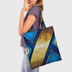 Сумка-шопер Золотой герб России на синем объемном фоне, цвет: 3D-принт — фото 2