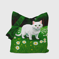 Сумка-шопер Белый кот на лугу пиксель арт, цвет: 3D-принт