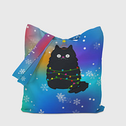 Сумка-шопер Новогодний котик и снежинки, цвет: 3D-принт