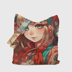 Сумка-шоппер Русская девушка в аниме стиле в платке и с плюшево