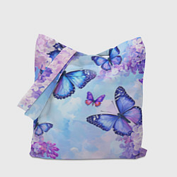 Сумка-шопер Бабочки и сирень - нежная голубая живопись, цвет: 3D-принт