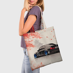 Сумка-шопер Черная БМВ и сакура, цвет: 3D-принт — фото 2