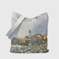 Сумка-шоппер Маяк и камни на пляже - акварельный рисунок