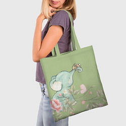 Сумка-шопер Слоненок с зайчиком в цветах на зеленом, цвет: 3D-принт — фото 2