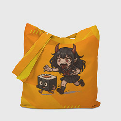 Сумка-шопер Девочка дьявол бежит за роллом, цвет: 3D-принт