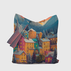 Сумка-шопер Новогодний город в горах, цвет: 3D-принт