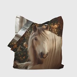 Сумка-шопер Белая лошадка лежит у новогодней елки, цвет: 3D-принт