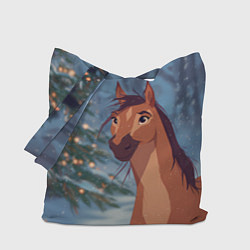 Сумка-шопер Лошадь на фоне новогодней елки, цвет: 3D-принт