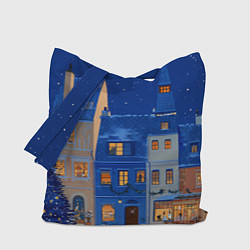 Сумка-шопер Синяя новогодняя елочка во дворе, цвет: 3D-принт